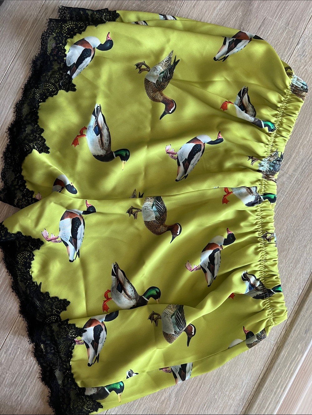 Women's Lime Green Duck-Print Satin Shorts with Black Lace Trim